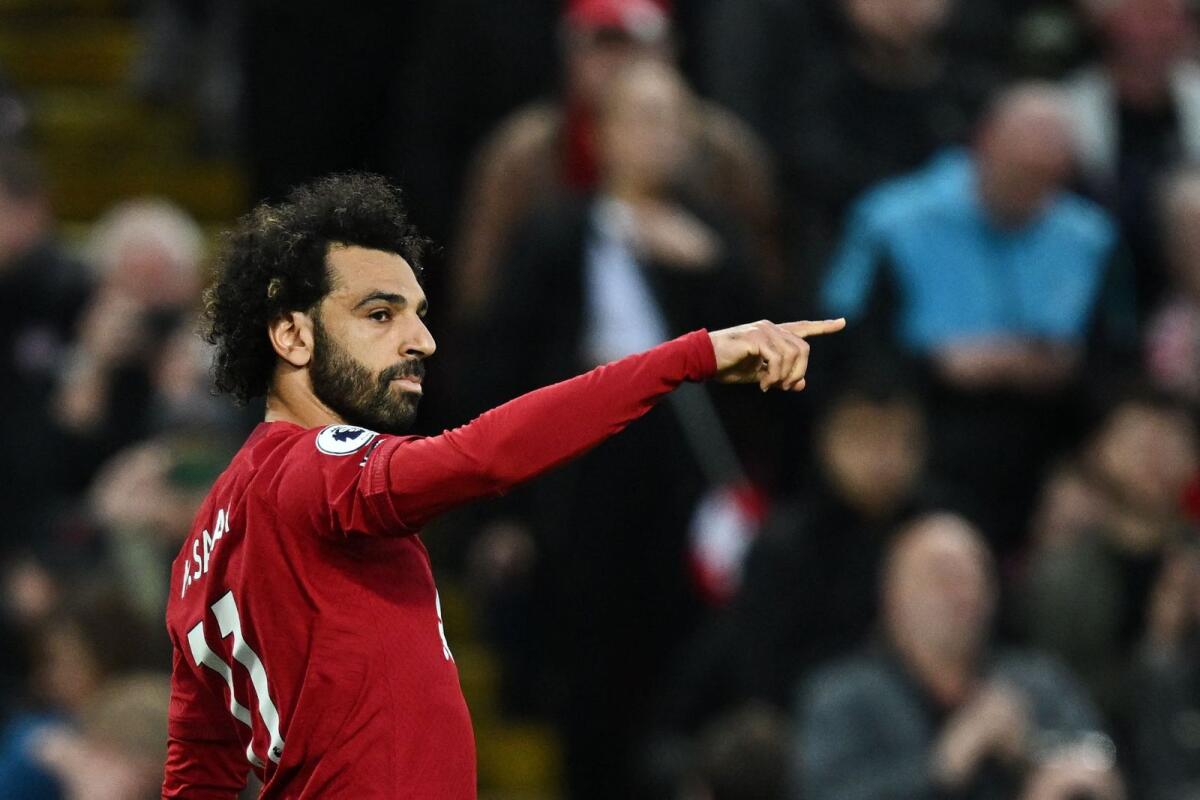 Liverpool's Egyptian striker Mohamed Salah celebrates his goal. — AFP