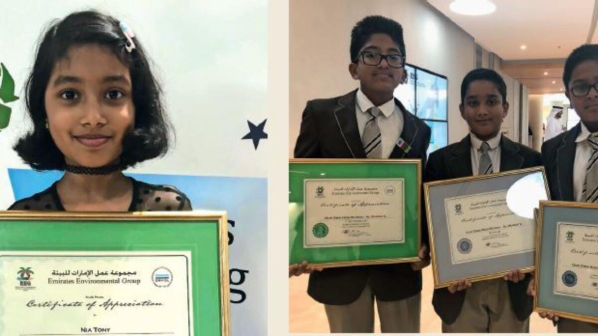 Nia Tony, winner of Emirates Recycling Awards (left) and Students from Our Own High School Al Warqa with their certificates from EEG (right).