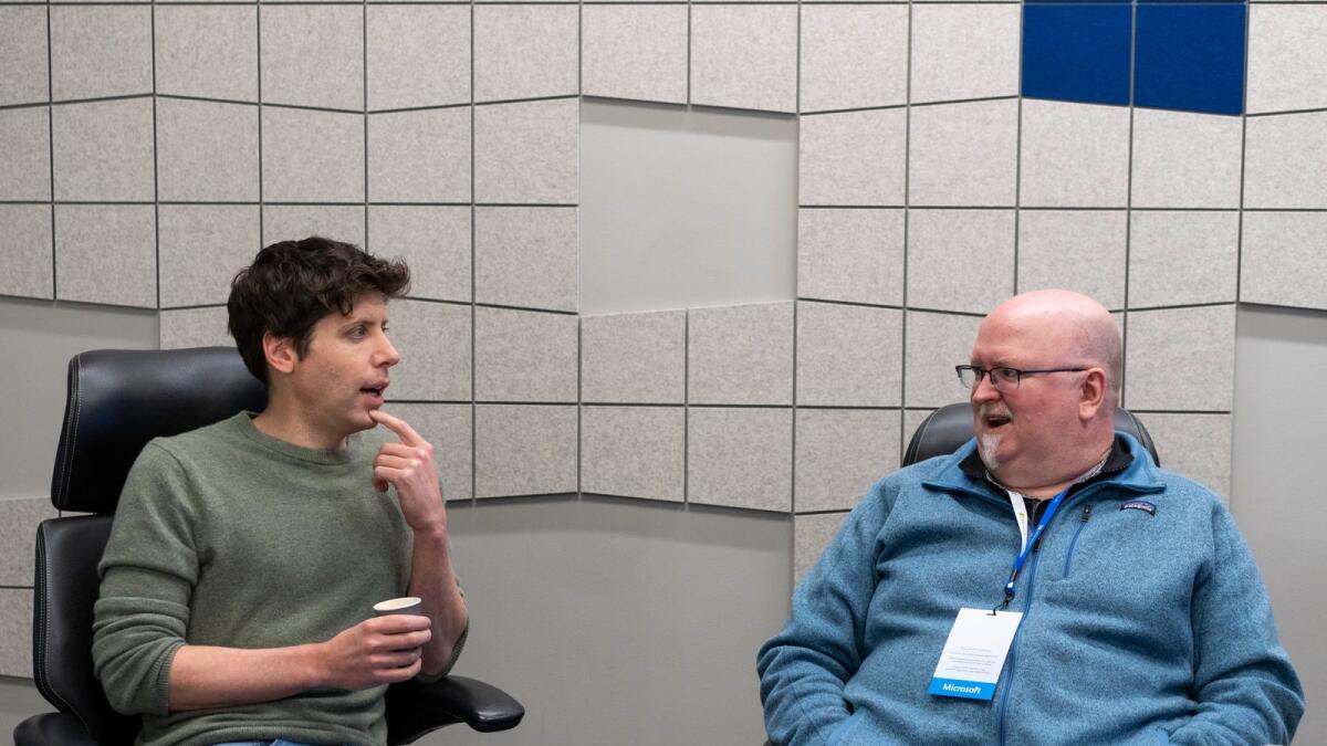 Sam Altman, left, the chief executive of OpenAI, and Kevin Scott, Microsoft’s chief technology officer, during an interview at a media event for the new AI-powered Bing search engine at Microsoft's campus in Redmond, Washington. (Ruth Fremson/The New York Times)