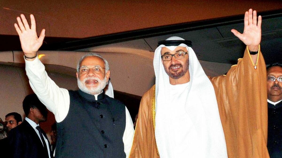 Shaikh Mohammed bin Zayed Al Nahyan with Indian Prime Minister Narendra Modi as he arrives in New Delhi’s Palam airport in 2016 for an official three-day visit.
