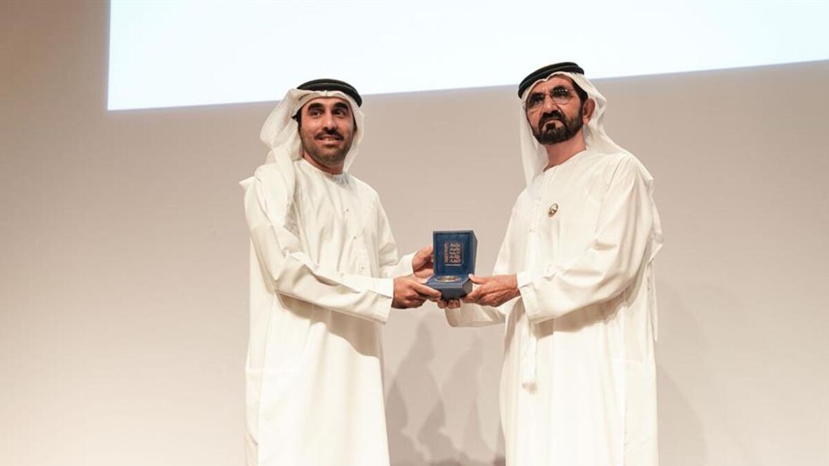 Dr. Saeed Alhassan, co-founder of Manhat, with His Highness Sheikh Mohammed bin Rashid Al Maktoum, Vice-President and Prime Minister of the UAE and Ruler of Dubai.  Dr . Saeed was the first recipient of the inaugural Sheikh Mohamed Bin Rashid Award for Scientific Excellence in 2017. - Supplied photo
