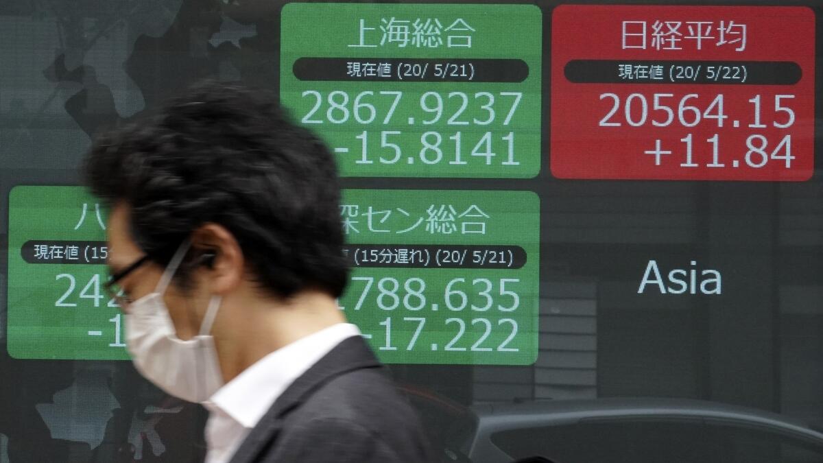 A man walks past an electronic stock board showing Japan's Nikkei 225 and other Asian indexes at a securities firm in Tokyo on Friday. Shares are slipping in Asia as tensions flare between the US and China and as more job losses add to the economic fallout from the coronavirus pandemic. - AP