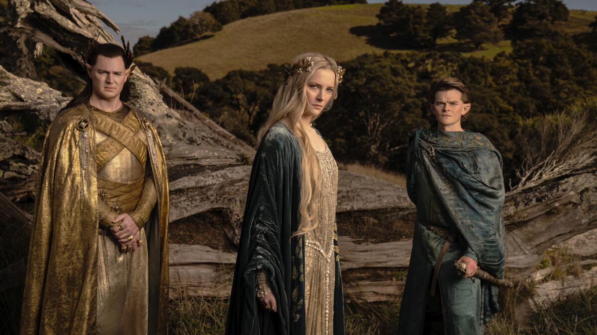 Benjamin Walker, Morfydd Clark and Robert Aramayo in The Lord of the Rings: The Rings of Power.