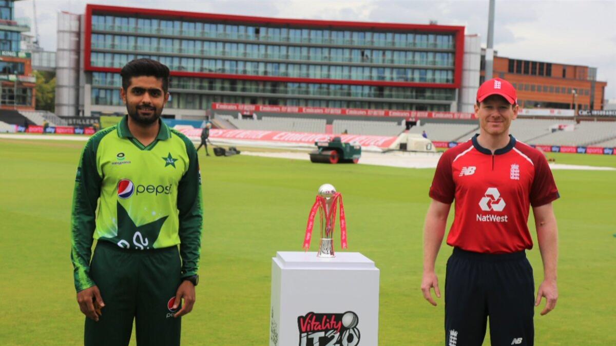 Babar Azam and Eoin Morgan  with the trophy ahead of the three-match T20I series