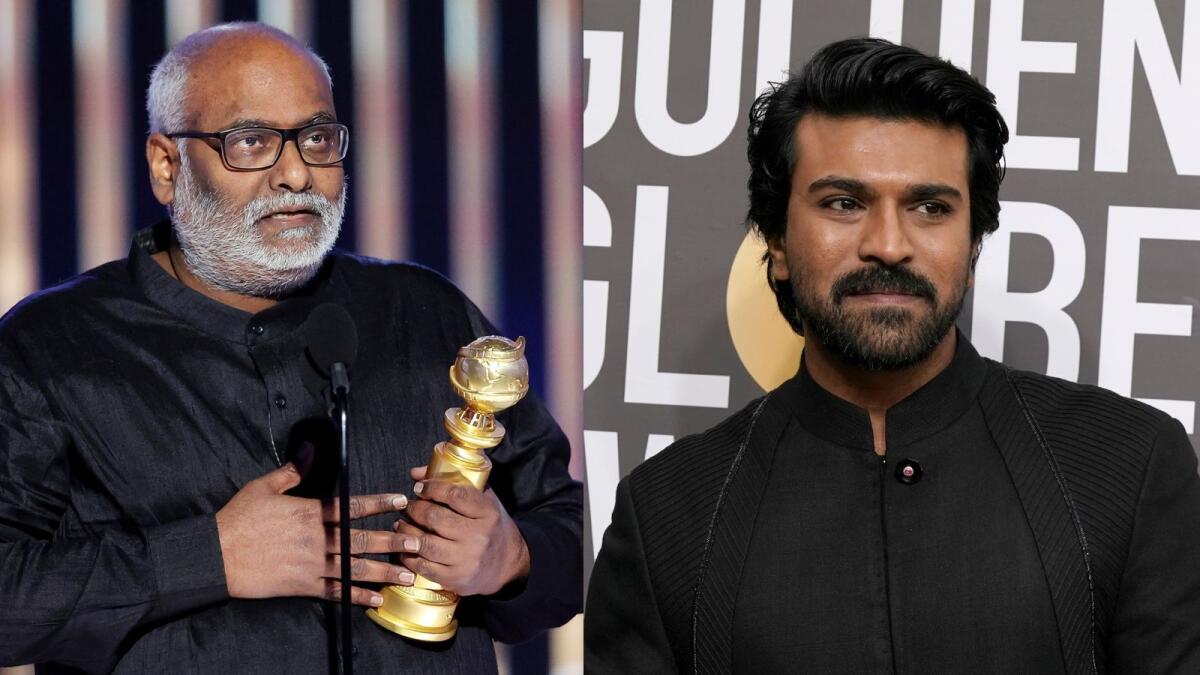 'RRR' composer M. M. Keeravani and the film's star Ram Charan at the Golden Globe Awards