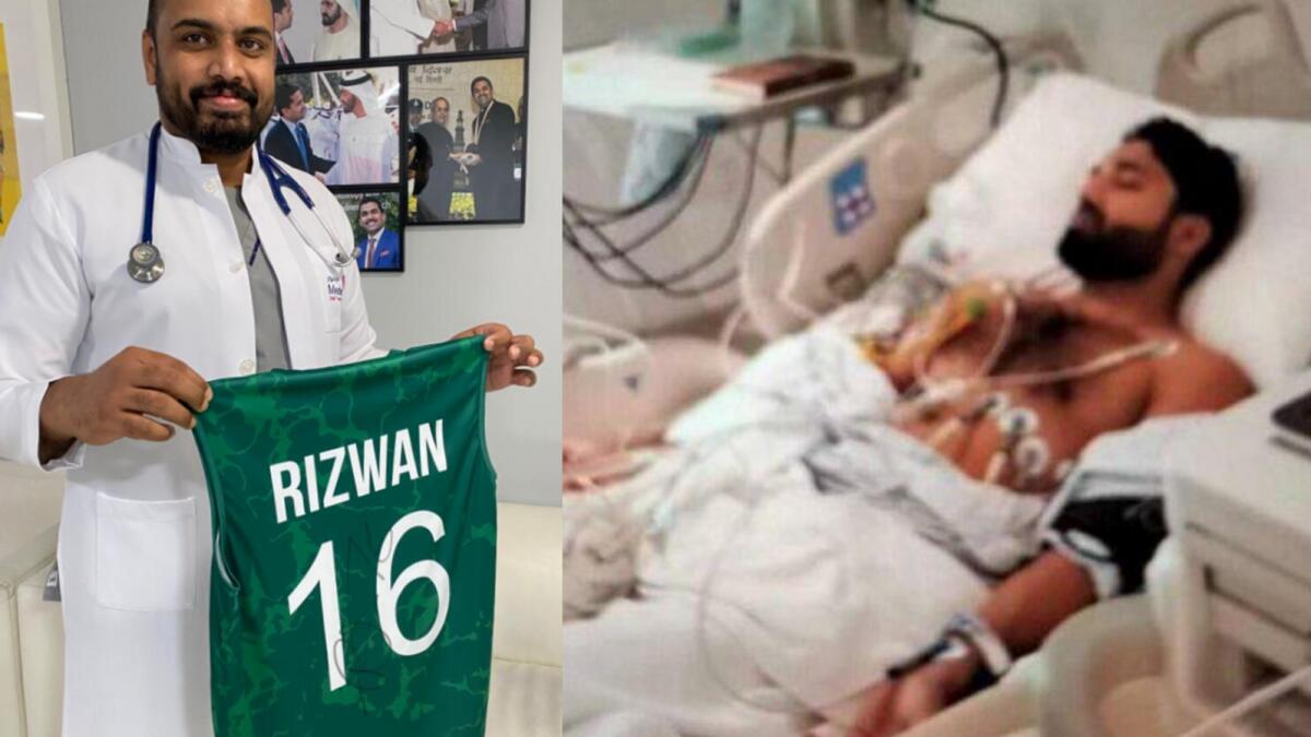 Dr Saheer Sainalabdeen holds a signed jersey as Pakistan’s Mohammad Rizwan (right) lies in bed in hospital. Supplied photo