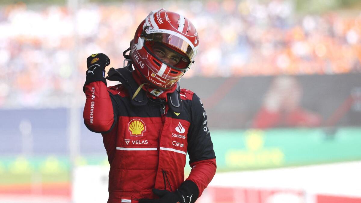 Ferrari's Charles Leclerc celebrates his win. (AFP)