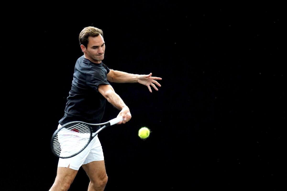 Switzerland's Roger Federer hits a forehand during a practice session ahead of the Laver Cup in London. Federer will end his career with a doubles match at the Laver Cup on Friday.  (AP)