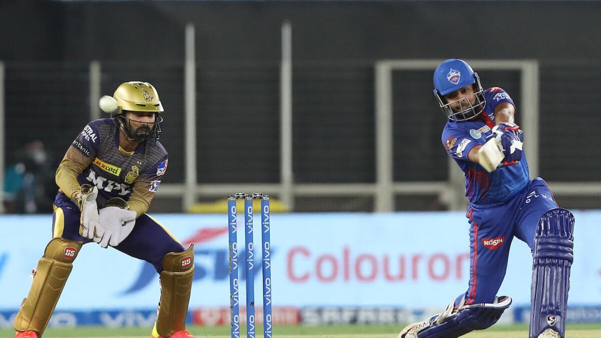 Prithvi Shaw of the Delhi Capitals plays a shot against the Kolkata Knight Riders in Ahmedabad on Thursday night. — BCCI/IPL