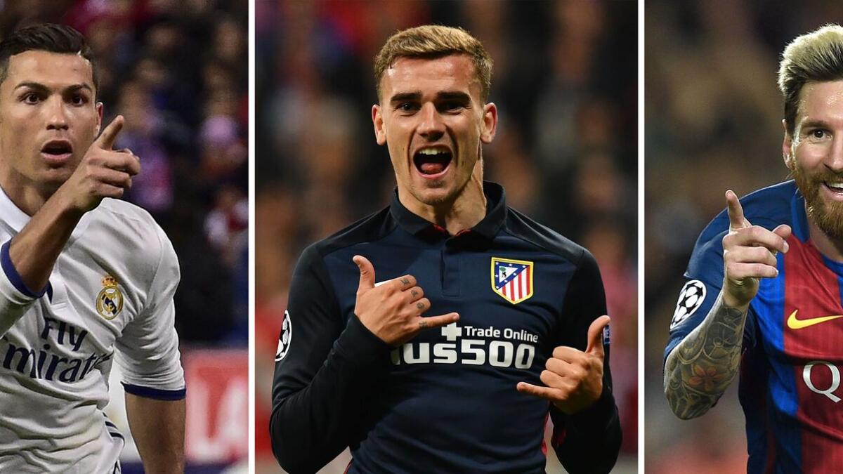 This combination of picture made on December 1, 2016 shows (fromL) Real Madrid's Portuguese forward Cristiano Ronaldo celebrating a goal during the Spanish league football match between Club Atletico de Madrid and Real Madrid CF at the Vicente Calderon stadium in Madrid, on November 19, 2016, Atletico Madrid's French forward Antoine Griezmann celebrating after scoring during the UEFA Champions League semi-final, second-leg football match between FC Bayern Munich and Atletico Madrid in Munich, southern Germany, on May 3, 2016, and Barcelona's Argentinian forward Lionel Messi celebrating a goal during the UEFA Champions League football match FC Barcelona vs Manchester City at the Camp Nou stadium in Barcelona on October 19, 2016. Fifa announced on December 2, 2016 that Real Madrid's Portuguese forward Cristiano Ronaldo, Atletico Madrid's French forward Antoine Griezmann and Argentinian forward Lionel Messi are the final nominees for The Best FIFA Men's Player Award. / AFP / Lluis GENE AND Lukas BARTH AND Gérard JULIEN