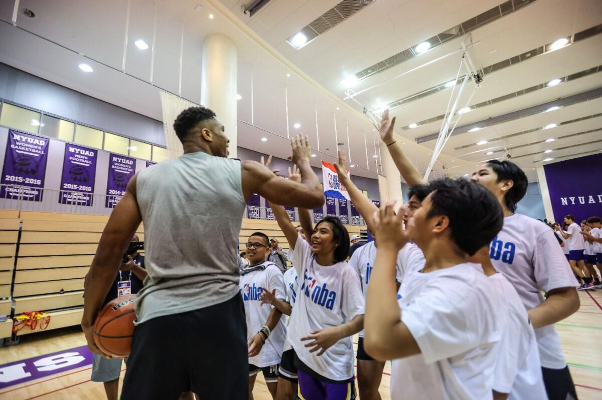 NBA superstar Giannis Antetokounmpo meets rising basketball players in Abu Dhabi on Tuesday. (Supplied photo)