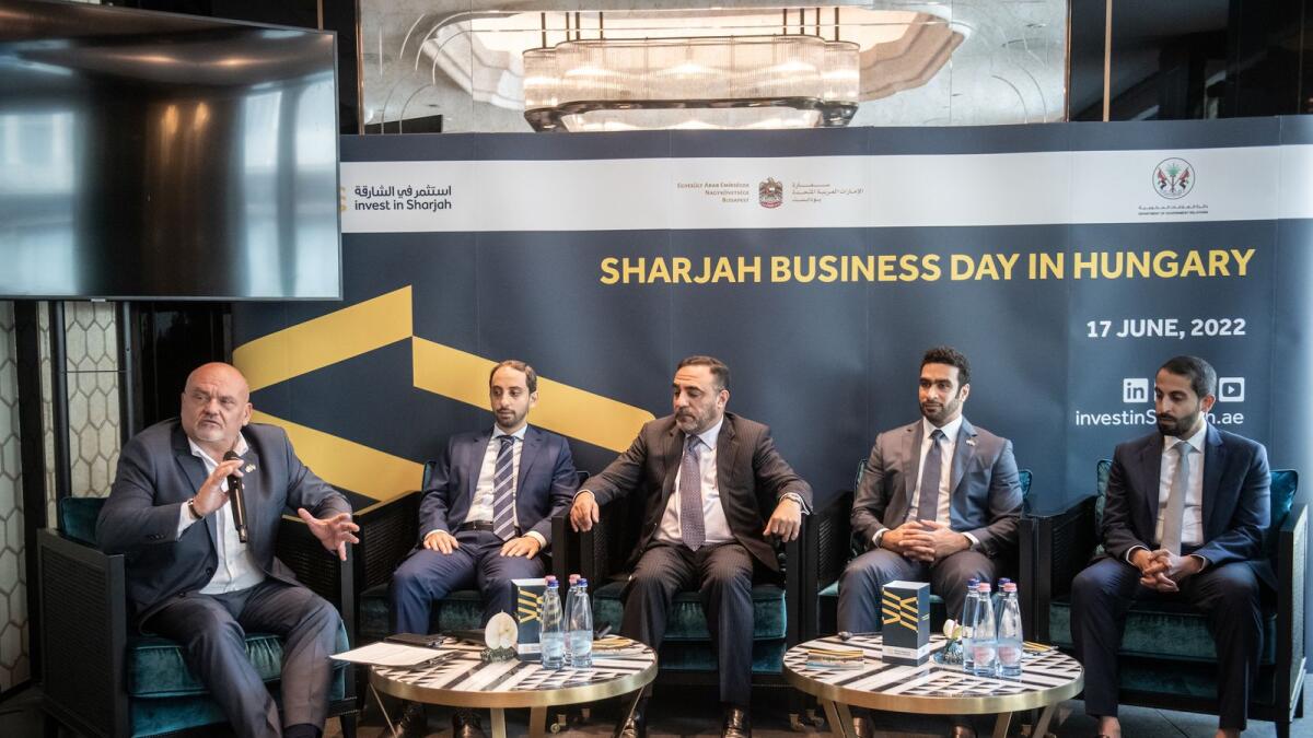 András Rév, vice-president for International Affairs Hungarian Chamber of Commerce and Industry; Hussein Al Mahmoudi, CEO of Sharjah Research Technology and Innovation Park, Majid Al Mulla, director of Operations at Sharjah Media City (SHAMS); Abdulaziz Shattaf, assistant director for Business and Communication Sector, Sharjah Chamber of Commerce and Industry; and Mohamed Al Musharrkh during the panel discussion. — Supplied photo