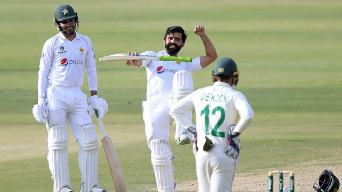 Pakistan batsman Fawad Alam celebrates after scoring century against South Africa. (APP)