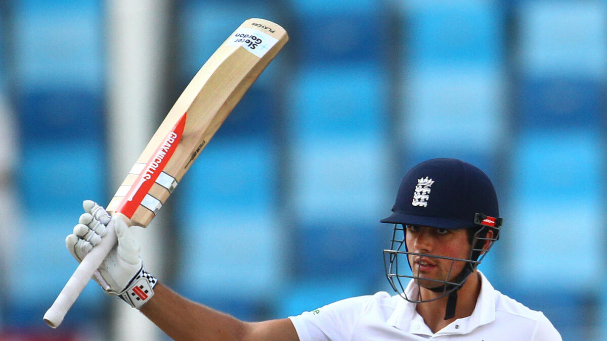 SP231015-SK-ENGLANDAlaister Cook of England celeberates his half century against Pakistan in the second day of 2nd test match at Dubai International Cricket Stadium on Friday. 23 October, 2015. Photo by Shihab