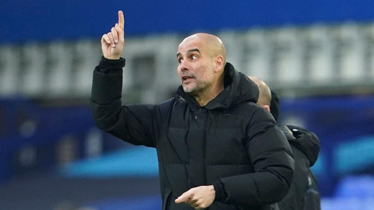 Manchester City's head coach Pep Guardiola reacts during the English FA Cup sixth round match against Everton. Guardiola’s side have won 29 of their last 33 games in all competitions during the last four months. — AP