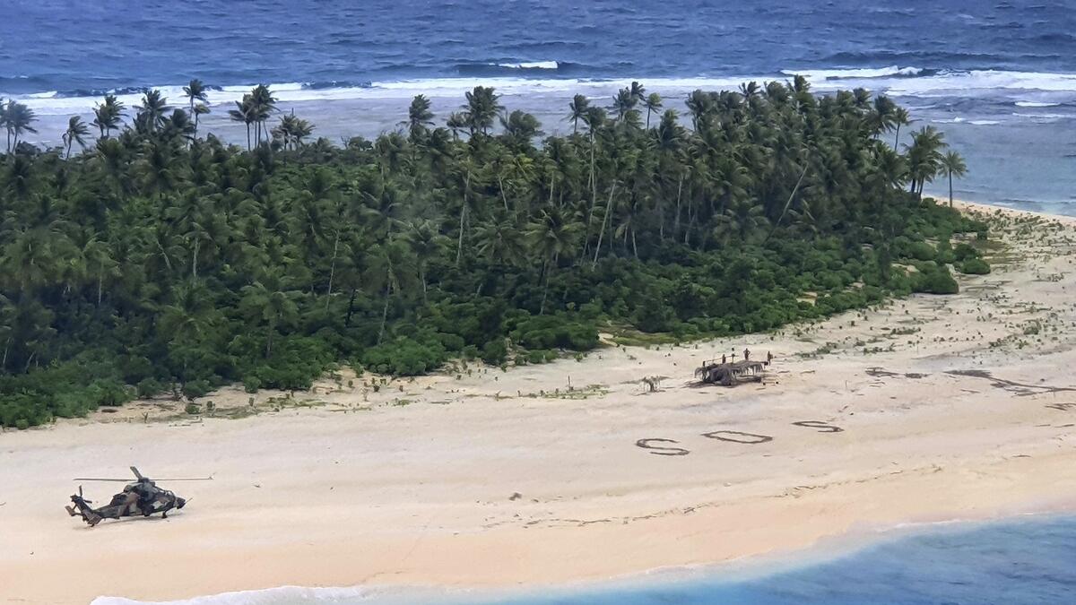 Pacific island, missing SOS sign