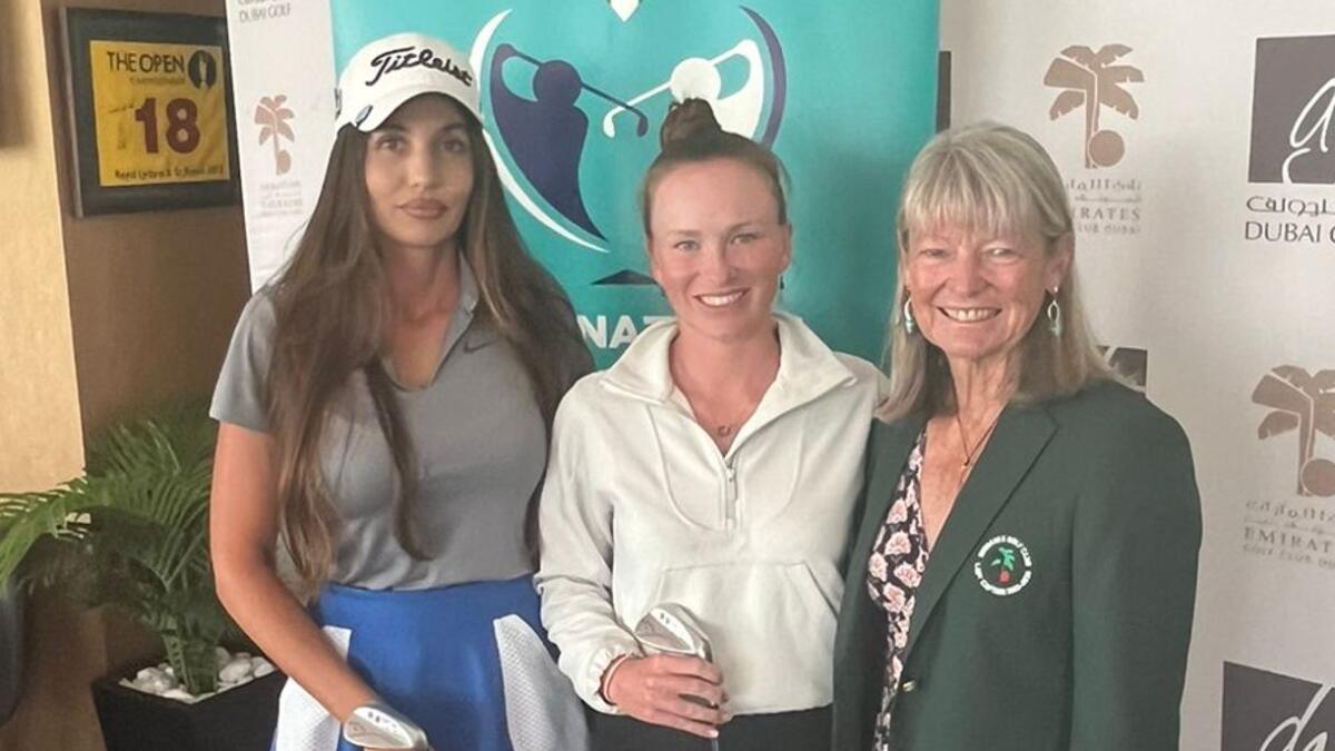 AE International Pairs winners, left to right, Anca Pirvu and Annabel Ayres with EGC Lady Captain Fiona Berry.= Supplied photo