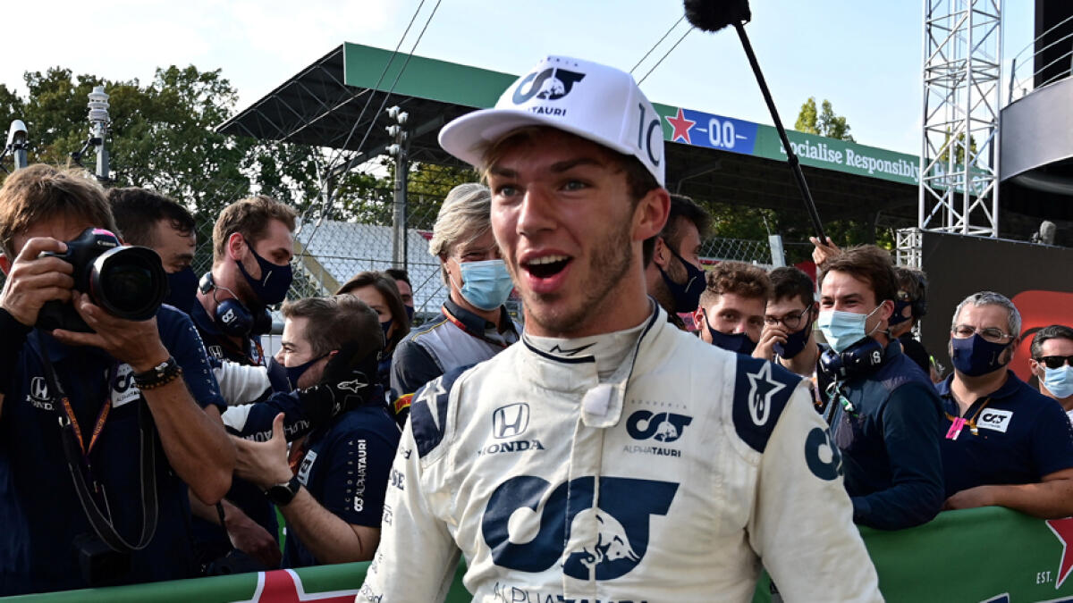 AlphaTauri's Pierre Gasly celebrates after winning the Italian Grand Prix. - Reuters