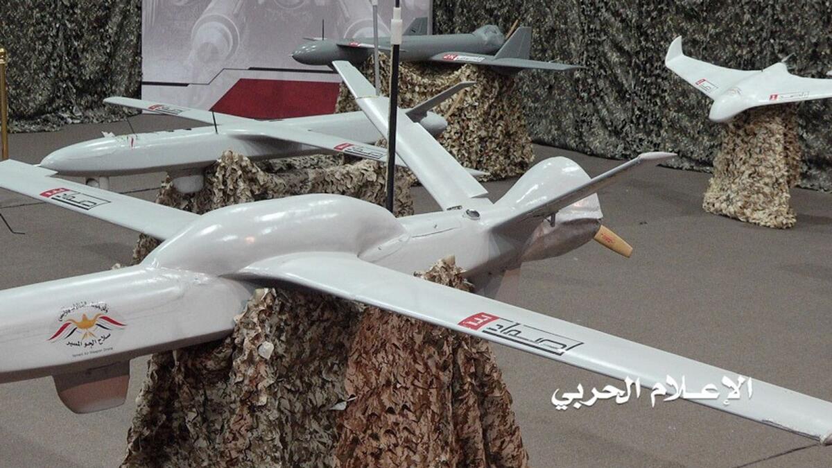 Drones on display at an exhibition at an unidentified location in Yemen in this undated handout photo released by the Houthi Media Office.