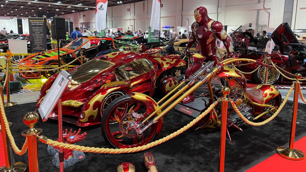 Iron Man-themed vehicles at Custom Show Emirates at the Dubai World Trade Centre.
