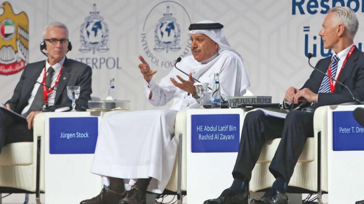 Abdullatif bin Rashid Al Zayani (centre) during a panel discussion at the conference. He said GCC-POL has already been staffed with police officials from the six member countries.   