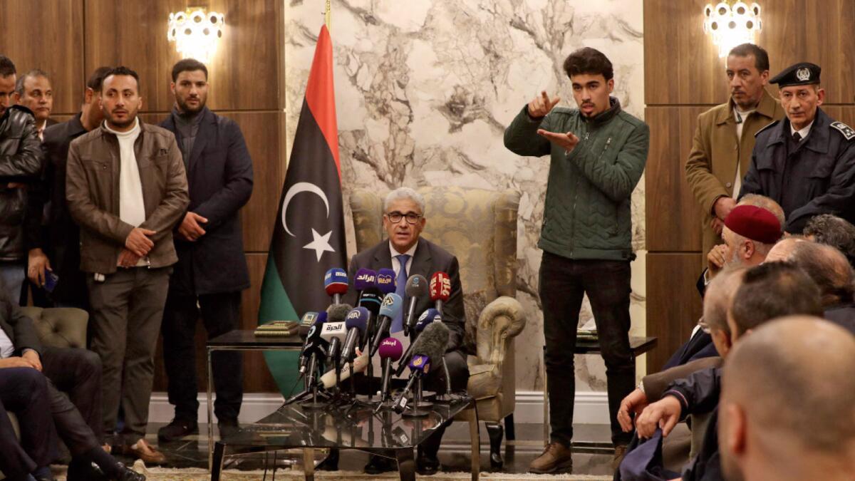Libyan interim prime minister Fathi Bashagha, newly named by the Libyan parliament, delivers a speech at Mitiga International Airport in Tripoli. — AFP