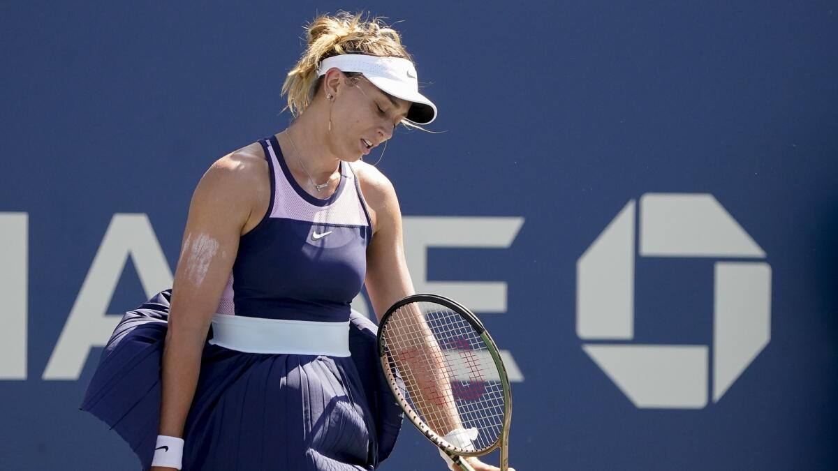 Paula Badosa, of Spain, reacts after a point during a match against Lesia Tsurenko, of the Ukraine, during the first round of the U.S. Open tennis championships, Tuesday, Aug. 30, 2022, in New York. Badosa, once ranked No. 2, talks in Episode 4 about dealing with depression