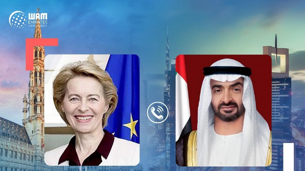 Sheikh Mohamed, Ursula Gertrud von der Leyen, discuss, coronavirus, Covid-19, countermeasures, phone call, thanks, global fight, UAE, Abu Dhabi Crown Prince