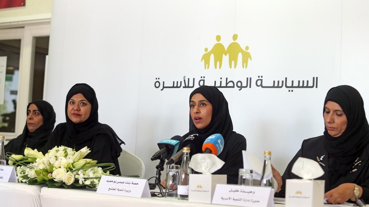 Officials during the press conference  announcing the details of The National Family Policy at the Ministry of Community Development in Dubai.-Photo by Dhes Handumon