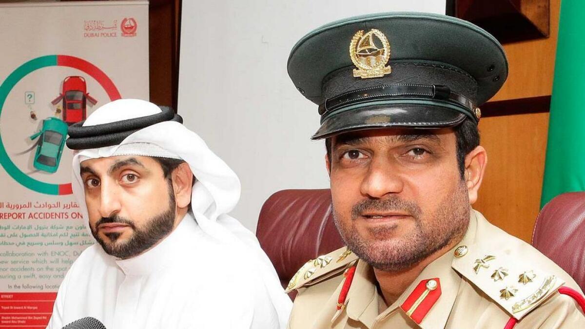 Brig. Saeed Hamad bin Sulaiman and Yousuf Hareb announce the ‘Alaa Darbak’ initiative during a Press conference on Sunday.