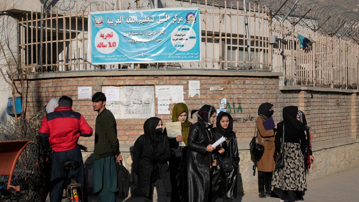 Afghan women students stand outside the Kabul University in Kabul. - AP file