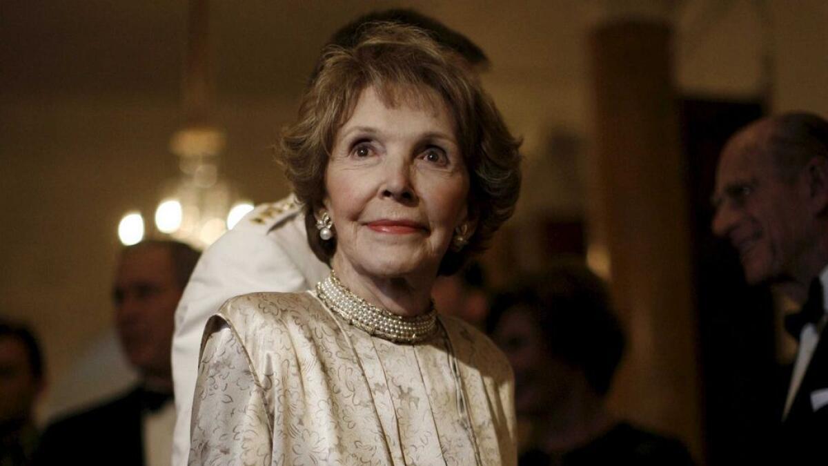 Former US first lady Nancy Reagan arrives at a dinner hosted by Britain's Queen Elizabeth for US President George W. Bush at the British Embassy in Washington. – Reuters file photo