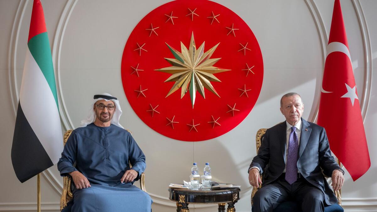 Sheikh Mohamed bin Zayed Al Nahyan with Recep Tayyip Erdogan during a meeting in Istanbul. — Wam