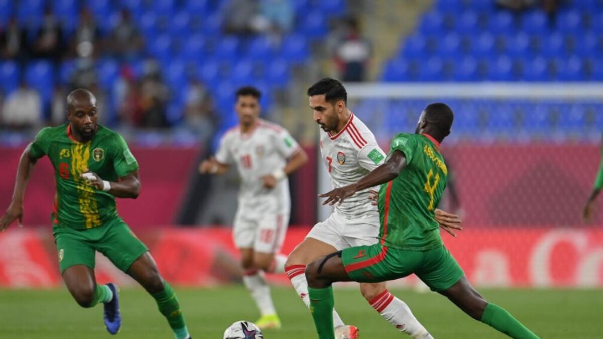 UAE's Ali Mabkhout (7) fights for the ball during the match against Mauritania. (UAEFA Twitter)