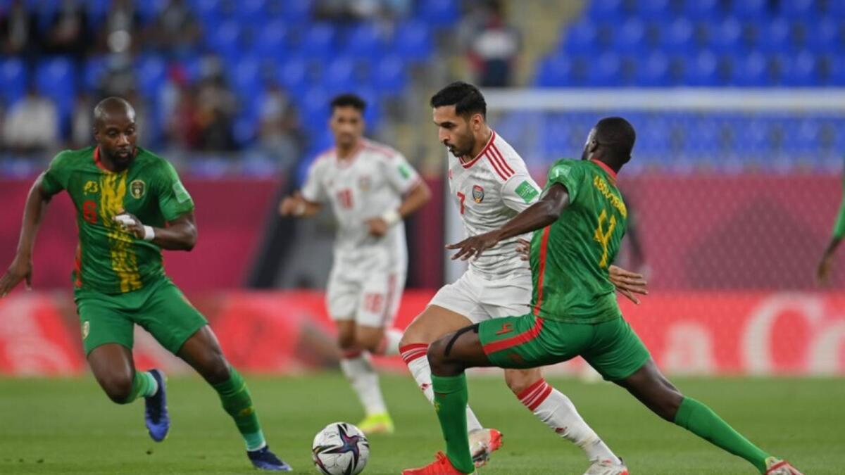 UAE's Ali Mabkhout (7) fights for the ball during the match against Mauritania. (UAEFA Twitter)