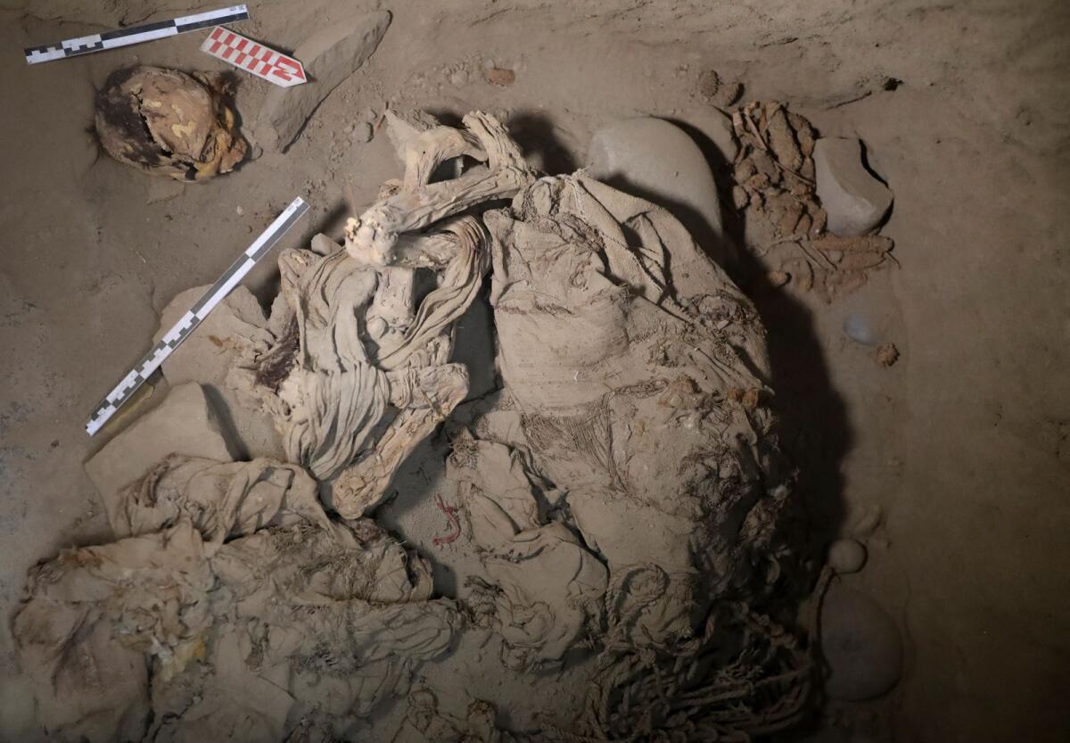 Skeletal remains and parts of the funerary bundle of a mummy found by Peruvian archaeologists are seen in the ruins of Cajarmarquilla, in the outskirts of Lima, Peru, on Monday. — Reuters