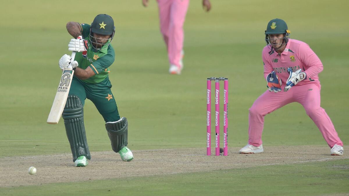 Pakistan's Fakhar Zaman plays a shot as South African wicketkeeper Quinton de Kock looks on during the second ODI in Johannesburg. — AFP