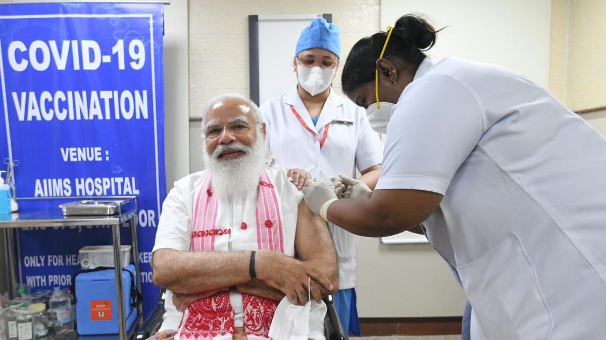 Indian Prime Minister Narendra Modi receives his first dose of Covid-19 vaccine in New Delhi on Monday. — Courtesy: Twitter