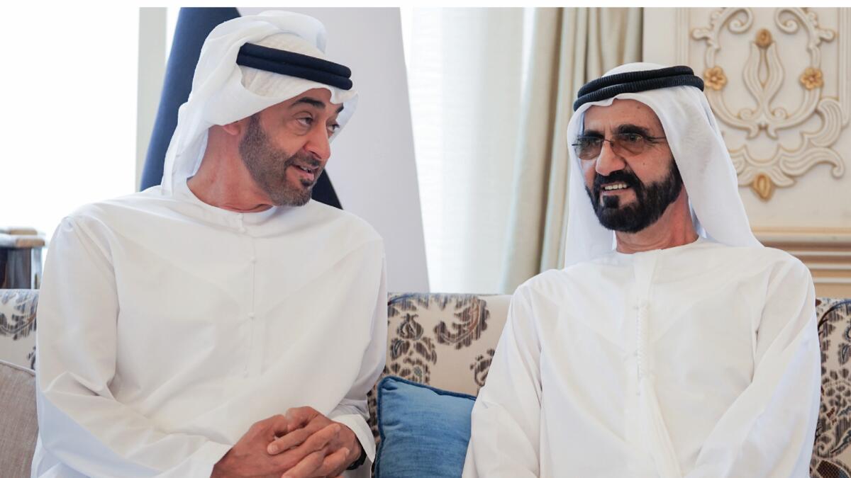 The President His Highness Sheikh Mohamed bin Zayed Al Nahyan with His Highness Sheikh Mohammed bin Rashid Al Maktoum, Vice-President and Prime Minister of the UAE and Ruler of Dubai. — WaAM