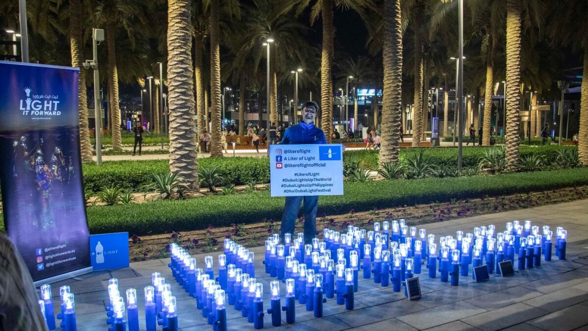 Illac Diaz showcases the solar lights made of discarded plastic bottles at Dhai Dubai Light Art Festival.