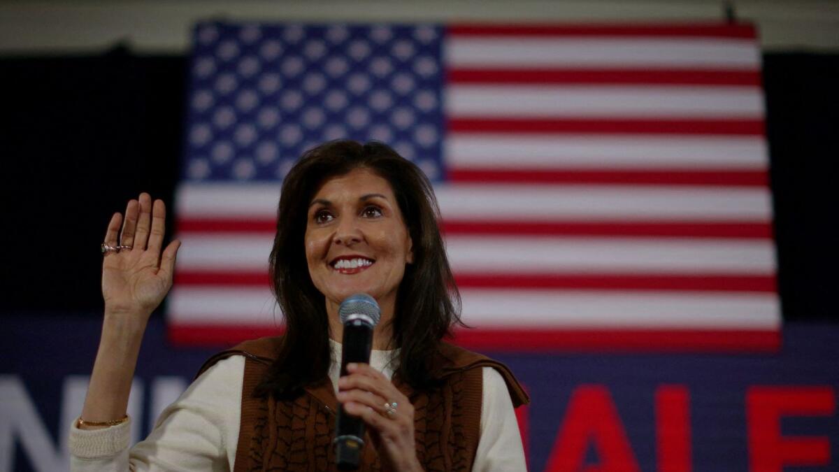 Nikki Haley speaks at a campaign town hall in Atkinson. — Reuters