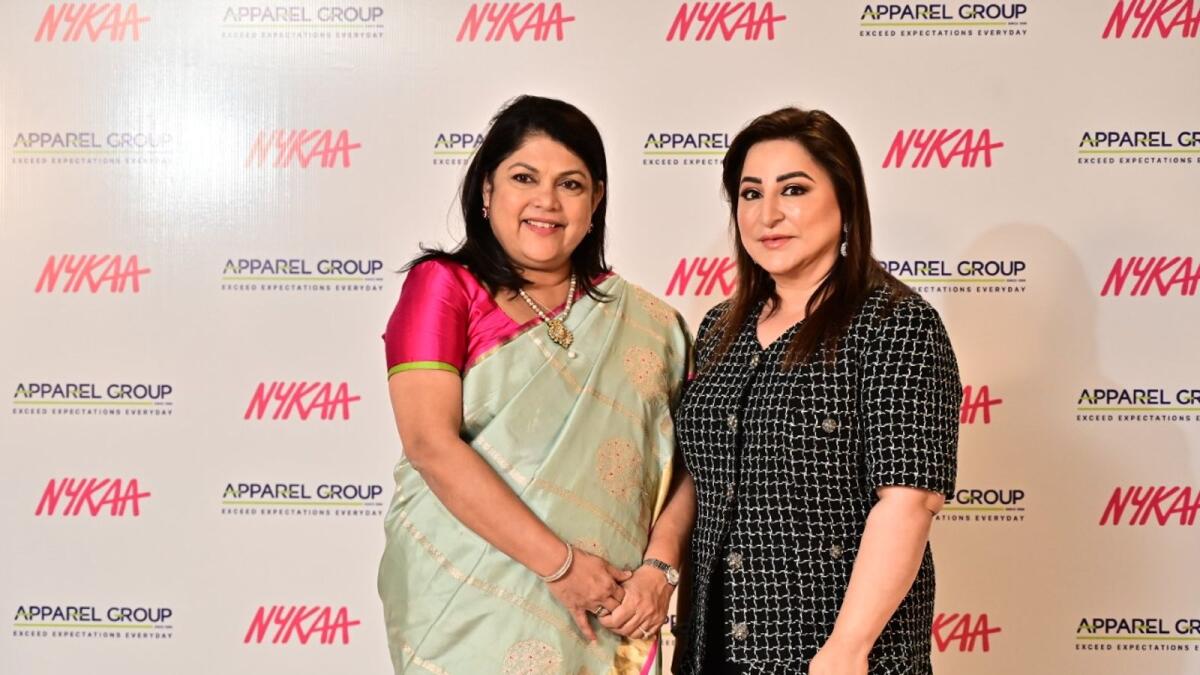 Falguni Nayar, founder and CEO of the beauty and lifestyle retail company Nykaa and Sima Ganwani Ved, Founder and Chairwoman of fashion and lifestyle retail conglomerate, Apparel Group pose for a picture during a strategic alliance announcement in Mumbai, India, October 6, 2022. Photo: Supplied