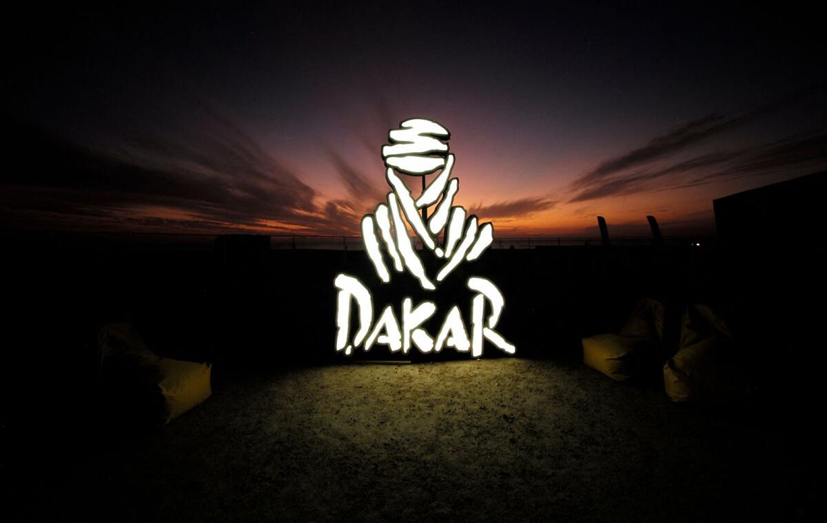 General view of the Dakar Rally sign as the sunsets. Photo: Reuters