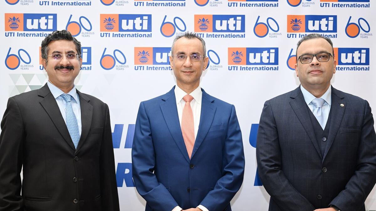 From left: Ajay Tyagi, head of equities at UTI AMC; Praveen Jagwani, CEO at UTI International; and Mahesh Natarajan, head of UTI Middle East and Africa, at the event in Dubai on Thursday. — Supplied photo