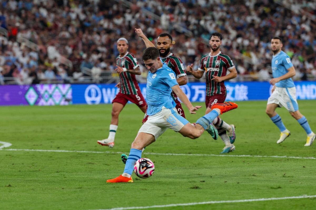 Manchester City's Argentine forward Julian Alvarez scores during the FIFA Club World Cup against Brazil's Fluminense at King Abdullah Sports City Stadium in Jeddah on Friday. - AFP