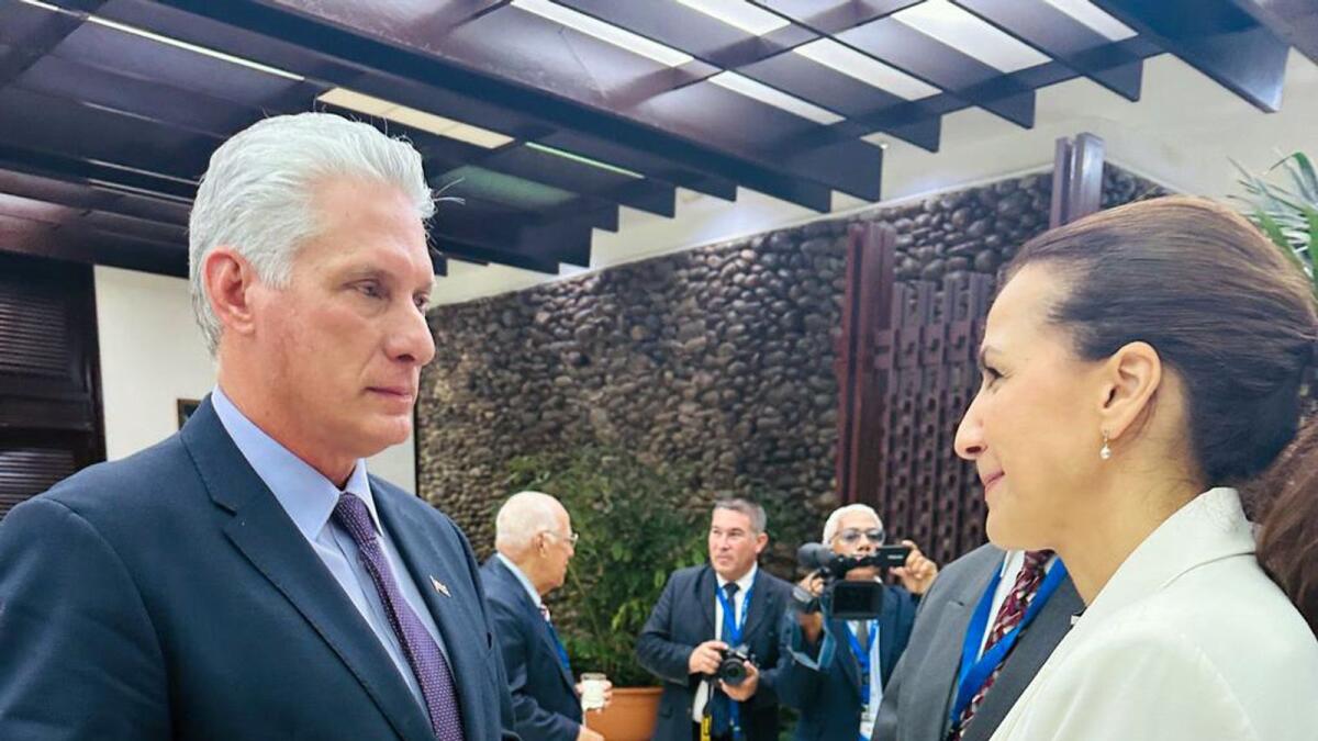 Mariam bint Mohammed Almheiri with Cuban President Miguel Díaz-Canel at the G77+China Summit. — Wam