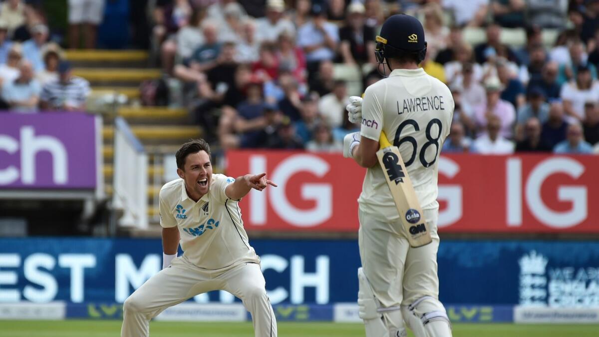 New Zealand's Trent Boult appeals successfully for the wicket of England's James Anderson during the second day of the second Test against England. — AP