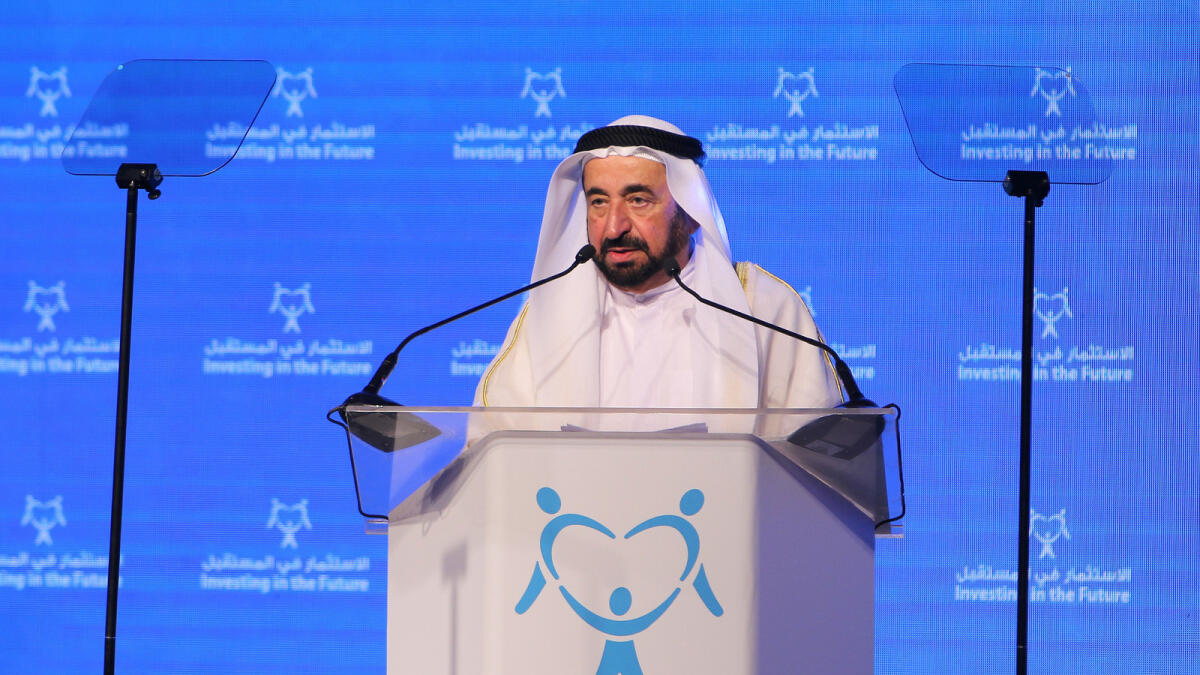 HH Sheikh Dr. Sultan bin Mohammed Al Qasimi Supreme Council Member and Ruler of Sharjah during his speech on the opening day of  Investing In Future 2016 - Building women and girls capabilities in the Middle East - at al jawaher reception and convention centre in sharjah on Wednesday – Photo by M.Sajjad