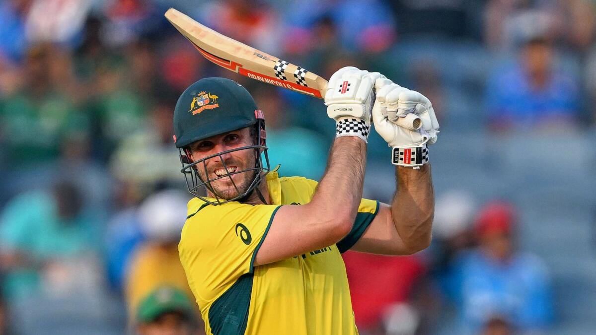 Australia's Mitchell Marsh plays a shot during his unbeaten knock of 177 at the 2023 ICC Men's Cricket World Cup on Saturday. - AFP