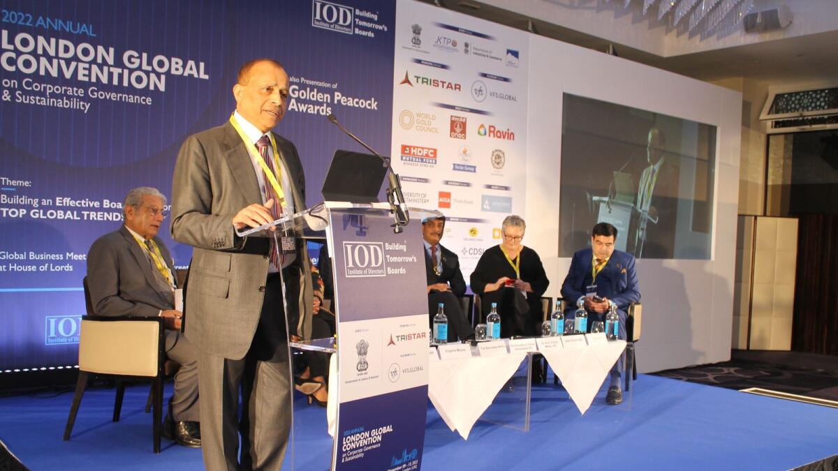 Eugene Mayne addresing annual Global Convention on Corporate Governance and Sustainability organised by the Institute of Directors (IOD), India, in London recently. — Supplied photo